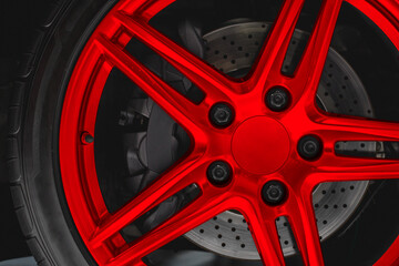 Obraz na płótnie Canvas Alloy wheel Rim or Mag disc brake caliper in Super car high performance auto part