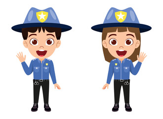 Happy cute beautiful kid boy and girl police character standing and posing waving isolated on white background