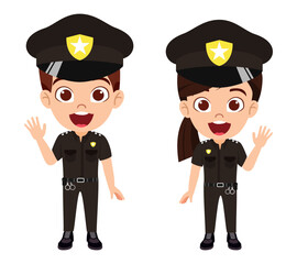 Happy cute beautiful kid boy and girl police character standing and posing waving isolated