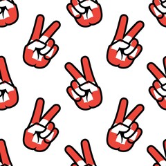 Obraz premium Switzerland flag in the form of a peace sign. Seamless background. Gesture V victory sign, patriotic sign, icon for apps, websites, T-shirts, souvenirs, etc., isolated on white background