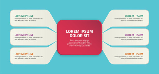 Mind map or layout with six elements attached to the main rectangle. The concept of the 6 features of the startup project.