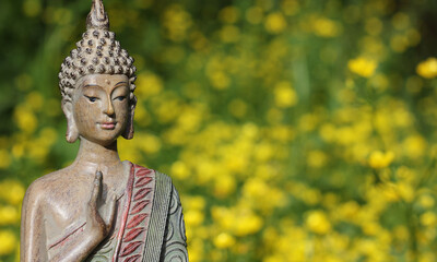 Buddha Statue With Field of Yellow Flowers in Background
