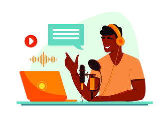 Podcast concept. A handsome black man is recording a podcast on his laptop. Vector illustration in flat style.