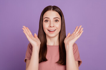 Photo of shocked funky lady with big mouth opened isolated over purple background