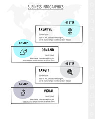 Hand-drawn vector line infographics with four rectangles and icons. Flat chart process template with 4 steps. Modern timeline for business project, presentation, web, diagram, content