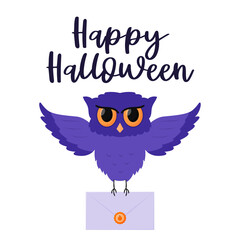 A flying purple owl holds an envelope with a pumpkin in its paws. Handwritten words Happy Halloween. Postcard with hand lettering. Flat cartoon vector illustration isolated on white background.