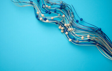 blue background with wooden blue decor branch. Backdrop for product demonstration, for writing