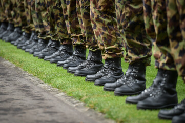 Swiss army soldiers representing the guard of honor are seen during a welcome ceremony in Bern - 459437498