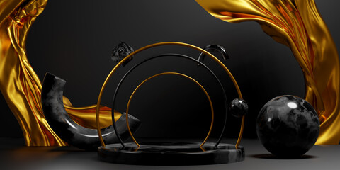 abstract geometric black and golden elegant podium scene for product presentation. 3d illustration