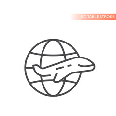 Globe, planet and airplane line vector icon. International, global flight and flying symbol, editable stroke.