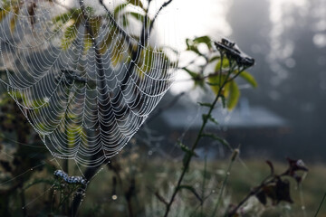 Closeup view of cobweb with dew drops on plants in forest