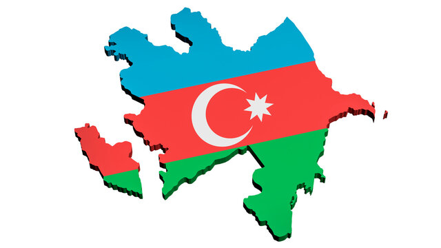 3D model of a map of Azerbaijan in the colors of the national flag on a white background. Isolated. Layout. Rendering