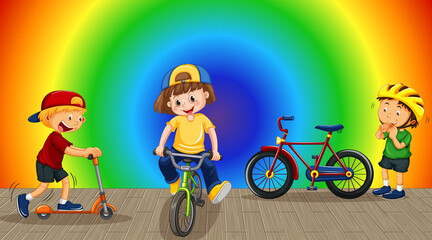 Children doing different activities on rainbow gradient background