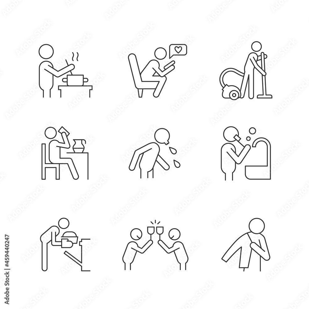 Aufkleber day-to-day routine linear icons set. activities of daily living. habitual patterns of human behavior
