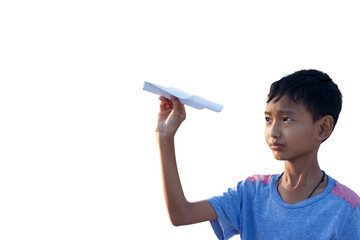 Asian boy holding play fold paper airplane isolated on white background.