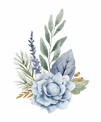 A watercolor vector winter bouquet with dusty blue flowers and branches.