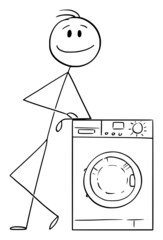 Person or Seller Leaning Towards or Showing Washing Machine, Vector Cartoon Stick Figure Illustration