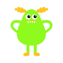 Monster icon. Happy Halloween. Angry face head. Eyes, horns, fang tooth. Cute cartoon boo spooky character. Kawaii funny baby. Green silhouette. Flat design. White background