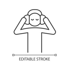 Listen to music linear icon. Person listening music with headphones. Getting pleasure from music. Thin line customizable illustration. Contour symbol. Vector isolated outline drawing. Editable stroke