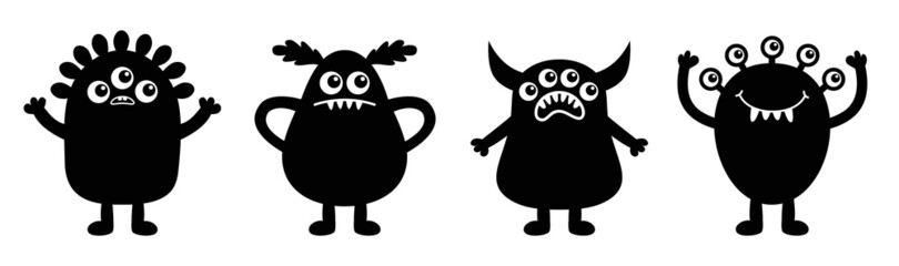 Monster icon set line banner. Happy Halloween. Funny face head body black silhouette. Kawaii cute cartoon baby character. Hands up, horn, eyes fang teeth tongue. Flat design. White background.