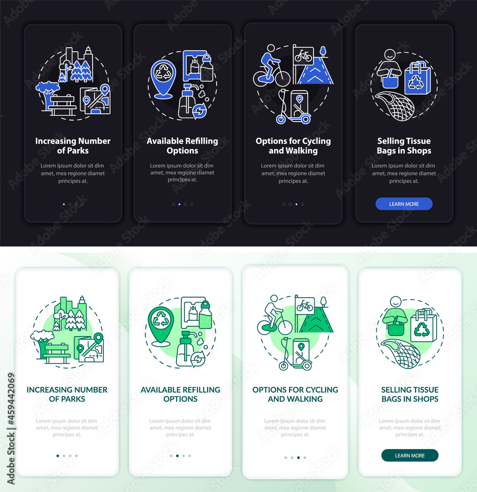 Poster green solutions onboarding mobile app page screen. recyclable products walkthrough 4 steps graphic i