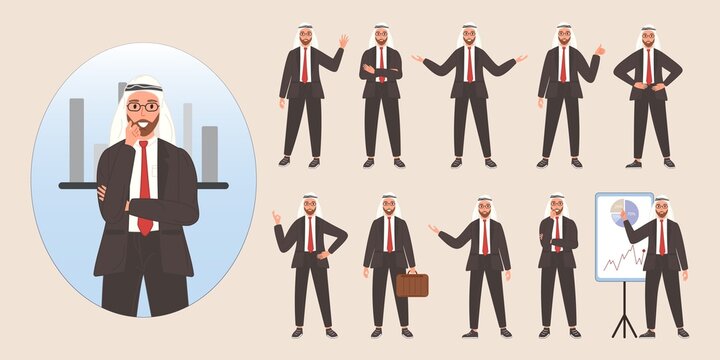 Businessman arab character avatar design set. Vector illustration
