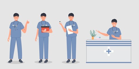 Male doctor set in different pose. Group of medical professional workers in sanitary uniform. Man physician character standing in line. Vector illustration