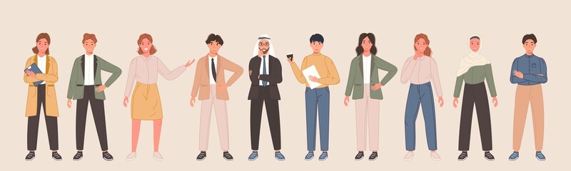 Fototapeta premium Business multinational character team in different pose. Diverse office worker people set standing in line. Vector illustration