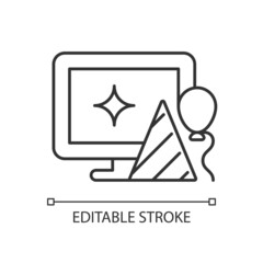 Office party linear icon. Workplace celebration. Developing social connections with coworkers. Thin line customizable illustration. Contour symbol. Vector isolated outline drawing. Editable stroke