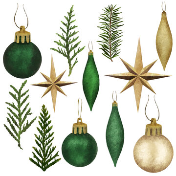 Elegant set of green and golden hand-drawn Christmas elements, glass toys and spruce twigs. New Year's symbols.  Colorful elements for the winter holidays isolated on white