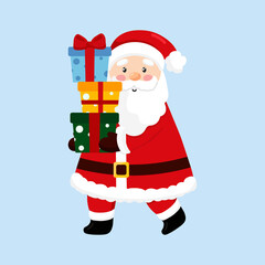 Vector illustration of cute Santa Claus isolated on blue background. Santa Claus holding in hands gift boxes. Merry Christmas and happy new year. Flat style.
