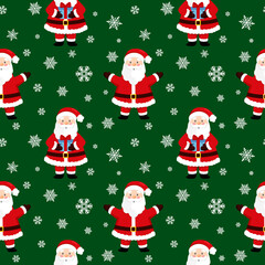 Christmas seamless pattern with Santa Claus, snowflakes. Beautiful background for gift wrapping papers, greeting cards, decoration.
