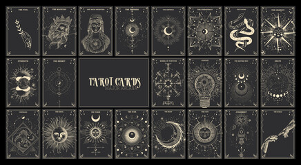 Vector illustration set of moon phases. Different stages of moonlight activity in vintage engraving style. Zodiac Signs, tarot cards