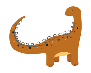 Illustration of cute cartoon dinosaur on white background. Can be used for children's room, sticker, t-shirt, mug and other design. Cute little diplodocus.