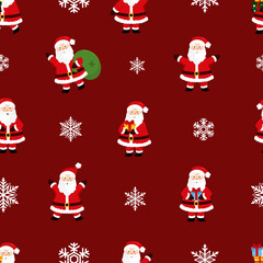 Christmas seamless pattern with Santa Claus, snowflakes. Beautiful background for gift wrapping papers, greeting cards, decoration.