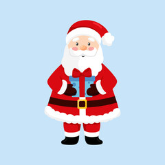 Vector illustration of cute Santa Claus isolated on blue background. Santa Claus holding in hand gift box. Merry Christmas and happy new year. Flat style.