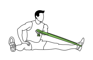 Man training seated adduction with an elastic rubber band. Fitness exercise, posture, gym, muscles. Black line sketch style vector illustration.