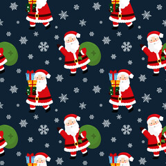 Christmas seamless pattern with Santa Claus, snowflakes. Beautiful background for gift wrapping papers, greeting cards, decoration.