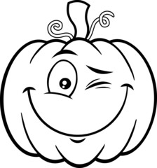 Obraz premium Outlined Smiling Halloween Pumpkin Cartoon Emoji Face Character Winking. Vector Hand Drawn Illustration Isolated On White Background