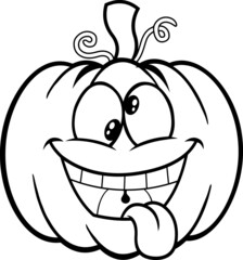 Outlined Crazy Halloween Pumpkin Cartoon Emoji Face Character With Goofy Expression. Vector Hand Drawn Illustration Isolated On White Background