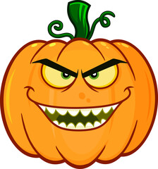 Evil Halloween Pumpkin Cartoon Emoji Face Character With Angry Expression. Vector Hand Drawn Illustration Isolated On White Background