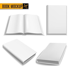 Realistic books. White book mockup cover, blank brochure, paperback empty textbook, magazine template. Closed and opened, front and angle view elements, education vector 3d isolated set