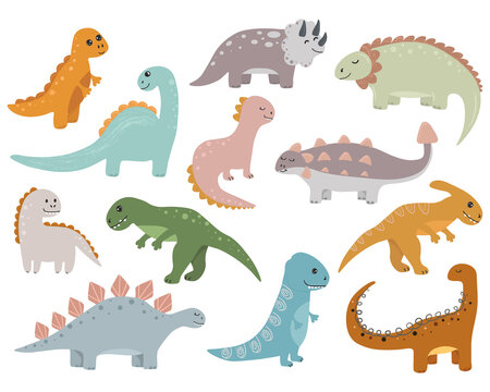 Vector set with dinosaurs in cartoon style.  Collection dinosaurs in hand drawn cartoon style isolated on white background. Can be used for children's room, sticker,  t-shirt, mug and other design.