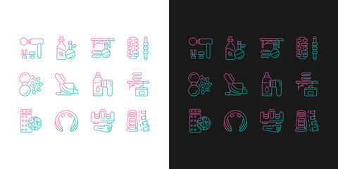 Fototapeta na wymiar Massage tools and equipment gradient icons set for dark and light mode. Body stimulating devices. Thin line contour symbols bundle. Isolated vector outline illustrations collection on black and white