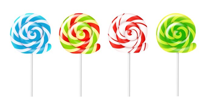 Spiral lollipops. Realistic different colors round candies, sucking sweets, swirling striped caramel on stick, sugar kids dessert, fruit confectionery vector transparent on white set