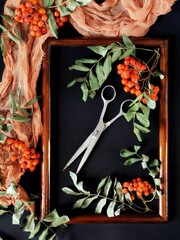Autumn still life with rowan, vintage scissors in the frame and orange cloth. Orange flatlay.