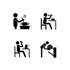 Cooking rotine black glyph icons set on white space. Meal preparation at home. Healthy eating habits. Commonplace day-to-day human life. Silhouette symbols. Vector isolated illustration