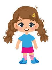 A cute little girl in shorts and a T-shirt with dark hair. Vector illustration of a character in a cartoon children s style. Isolated funny clipart. Cute print