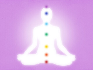 Modern, minimal chakra diagram with meditation, lotus pose, person human figure on purple - grainy, high resolution background