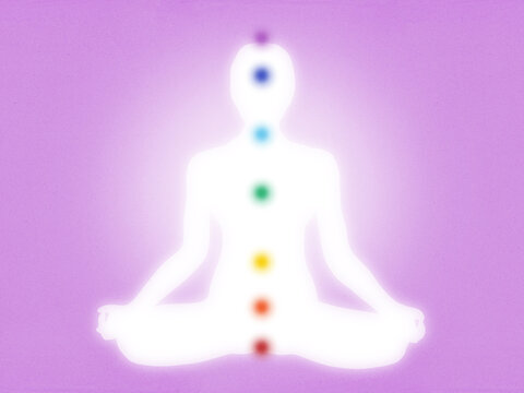 Modern, minimal chakra diagram with meditation, lotus pose, person human figure on purple - grainy, high resolution background